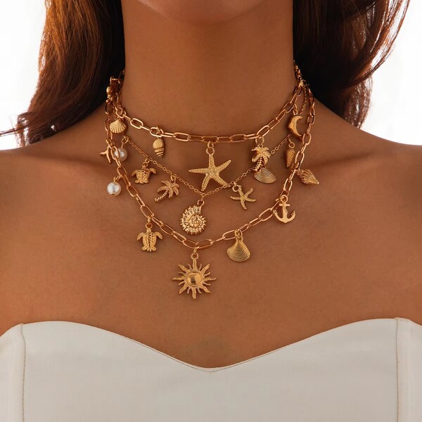 Alloy Seahorse Starfish Shell Pendant Necklace