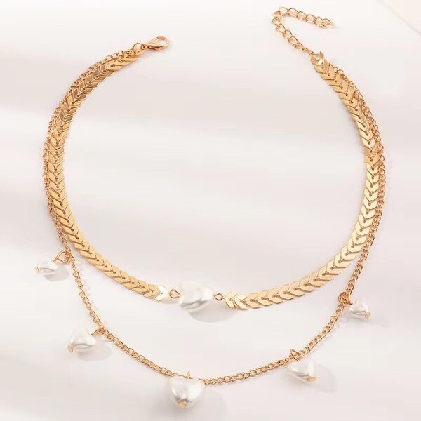 Double Alloy Simple Heart Pearl Pendant Necklace