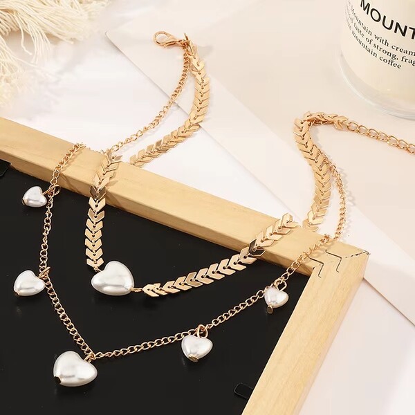 Double Alloy Simple Heart Pearl Pendant Necklace